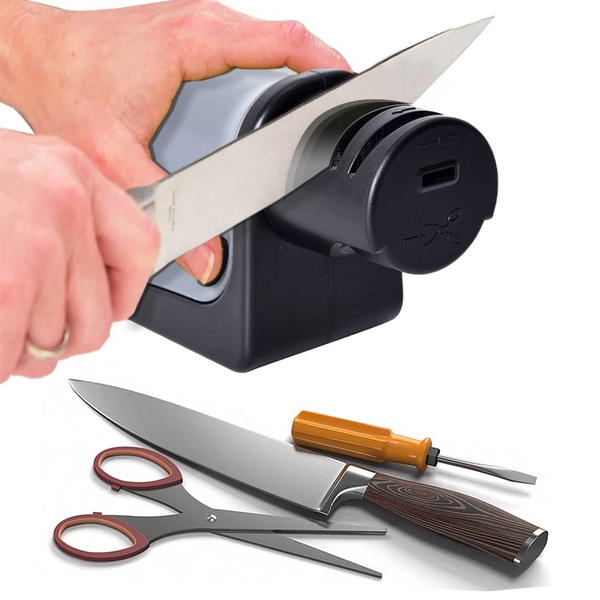 2 Piece Set - 3 in 1 Electric Sharpener for Knives, Scissors & Screwdrivers with Garlic Mincer (Size 8.6x8.8 cm) (2xAA Battery not Included) - Grey and Black