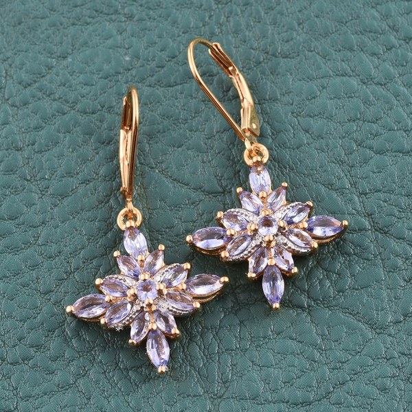 Tanzanite (Mrq), Diamond Lever Back Earrings in 14K Gold Overlay Sterling Silver 2.010 Ct.