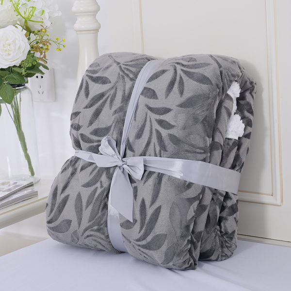 Embossed Short Plush with White Sherpa Double Layer Blanket - Grey