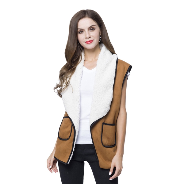 New Season - Chocolate Colour Drape Collar Sherpa Style Gilet (Size 80X50 Cm) with Pockets (Size 14X