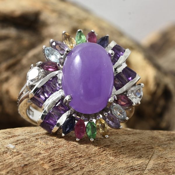 Purple Jade (Ovl 7.15 Ct), African Ruby, White Topaz and Multi Gemstone Ring in Platinum Overlay Sterling Silver 9.500 Ct. Silver wt 7.02 Gms.