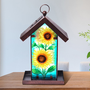 Garden Theme Hand Painted Solar Sunflower Pattern Lantern Bird Feeder (Size 18x14x33cm) - Yellow