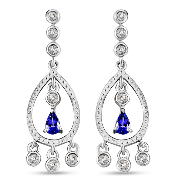 Tanzanite and Natural Cambodian Zircon Dangling Earrings (with Push Back) in Platinum Overlay Sterli