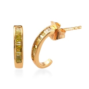 Yellow Diamond J Hoop Earrings (with Push Back) in 14K Gold Overlay Sterling Silver