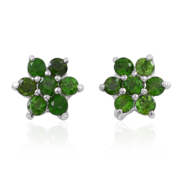 AAA Chrome Diopside (Rnd) Floral Stud Earrings (with Push Back) in Rhodium Plated Sterling Silver 1.