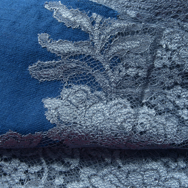 Designer Inspired One Time Offer - Cashmere Wool and Mulberry Silk Shawl With Lace Work and Fringes - Blue  (Size 200x70 Cm)