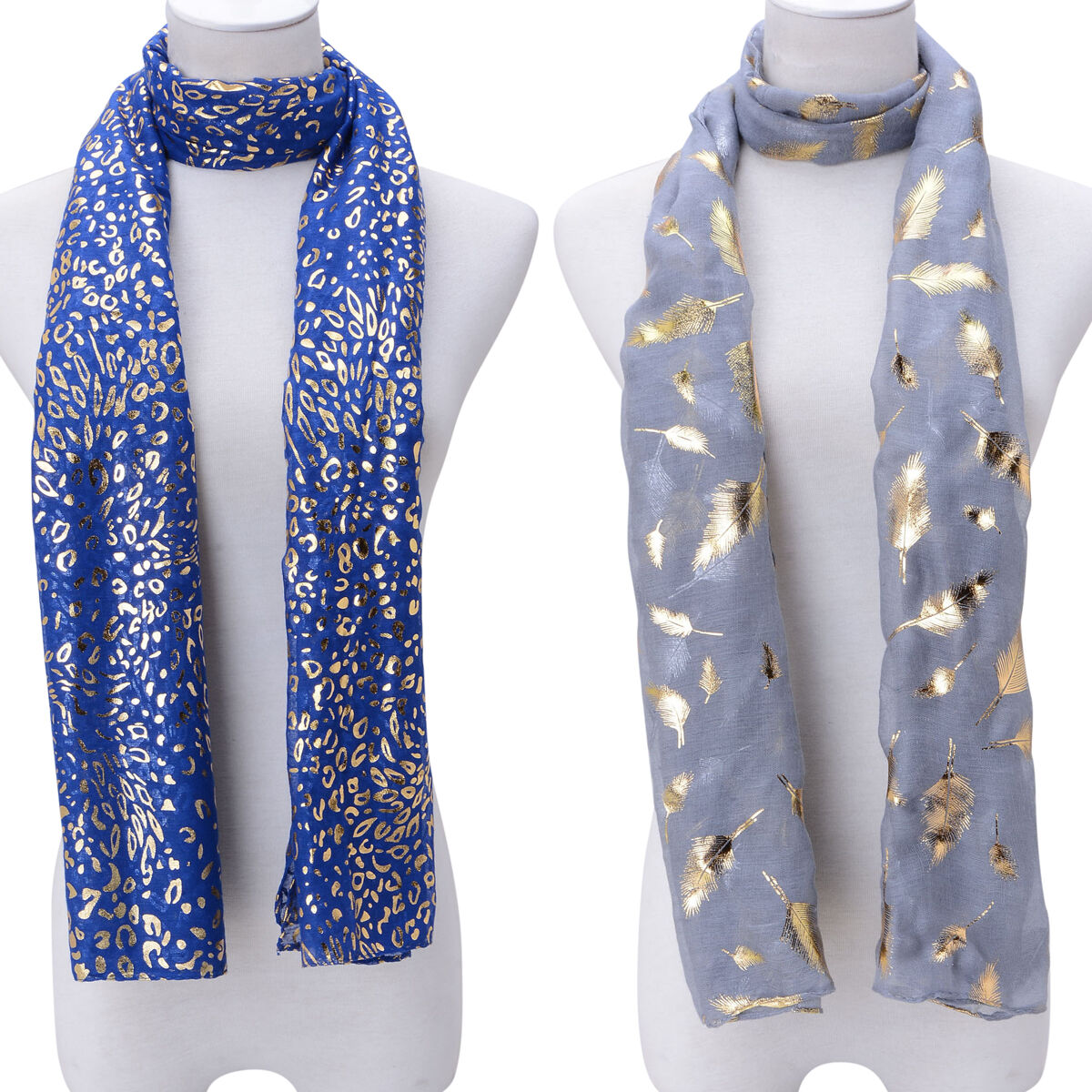 Set of 2 - Leopard Pattern Royal Blue Colour and Golden Leaves Pattern Grey Colour Scarf with a Hanger (Size 175x65 Cm)
