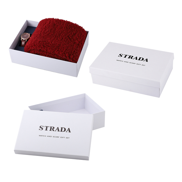 2 Piece Set - STRADA Japanese Movement Wine Red Dial Water Resistant Watch with Wine Red Colour Strap and Faux Fur Scarf (Size 90x15Cm) - Wine Red