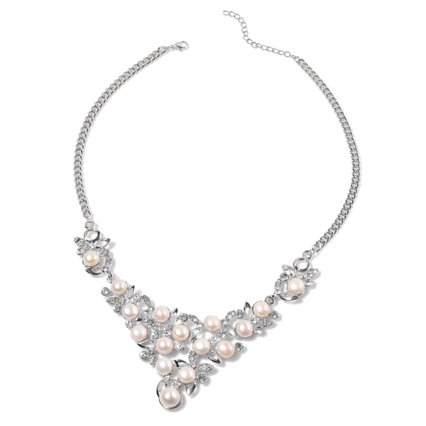 (Option 2) Fresh Water White Pearl and White Austrian Crystal Necklace (Size 18) in Silver Tone 195.