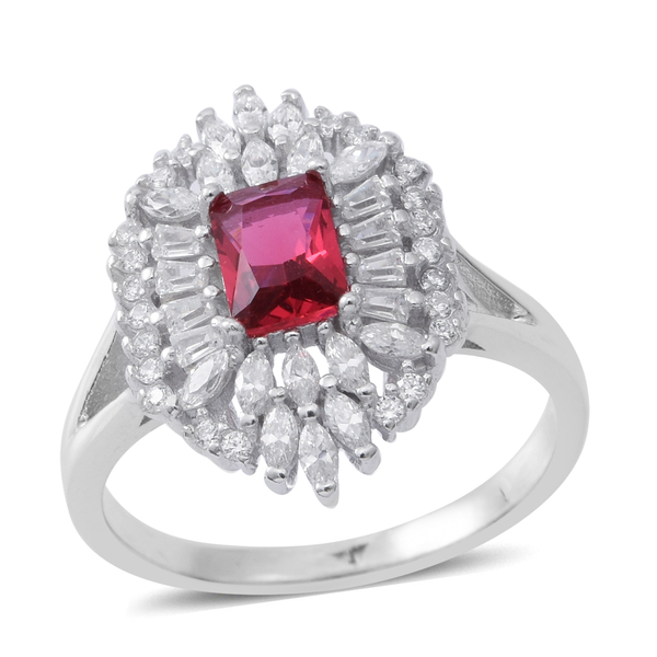 ELANZA AAA Simulated Rubelite (Oct), Simulated White Diamond Ring in Rhodium Plated Sterling Silver