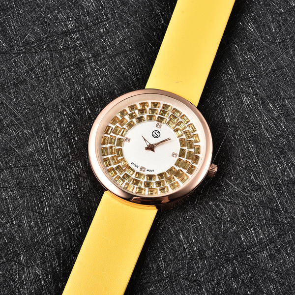 STRADA Japanese Movement White Austrian Crystal and Simulated Champagne Sapphire Studded Water Resistant Watch with Yellow Colour Strap