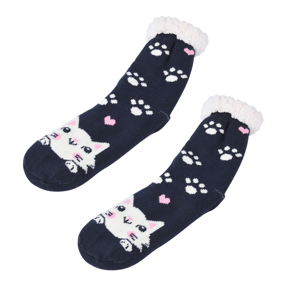 Pair of Cat Pattern Thermal Socks with Sherpa Lining and Anti Slip Sole grip