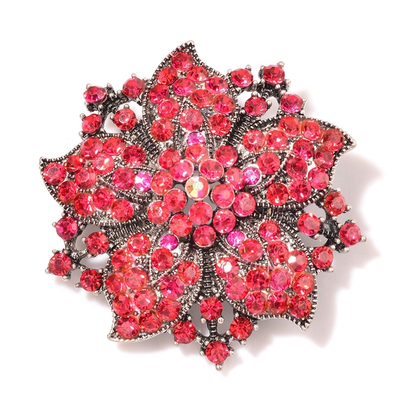 Rose Austrian Crystal Floral Brooch in Silver Tone