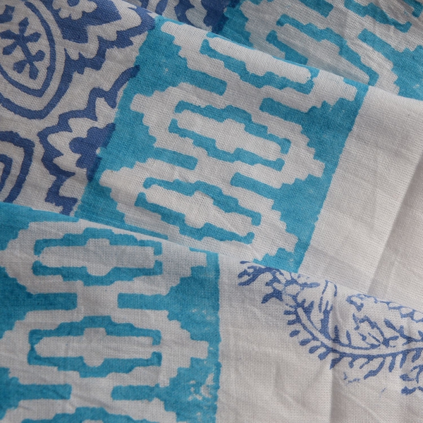 New Season-100% Cotton Light Blue, Dark Blue and White Colour Hand Block Medellin and Paisley Printed Kaftan with Tassels (Free Size)