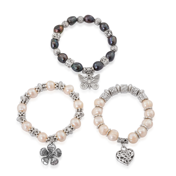 Set of 3 - Fresh Water White Pearl and Fresh Water Peacock Pearl Floral, Heart and Butterfly Charm Bracelet (Size 7.50) in Silver Tone