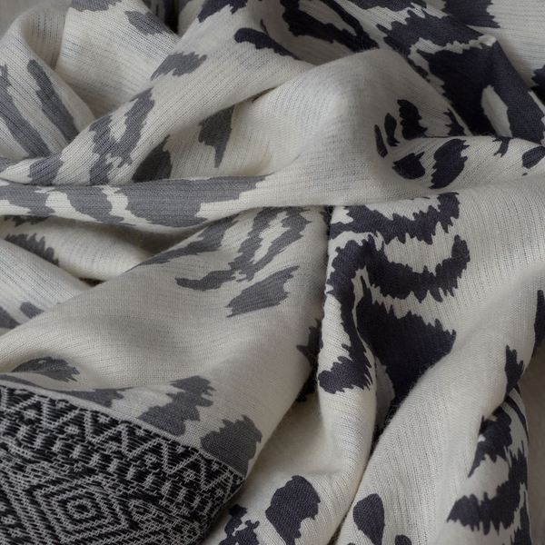 Designer Inspired Winter Special Grey, Off White and Black Colour Embroidered Cotton Scarf with Fringes (Size 165x70 Cm)