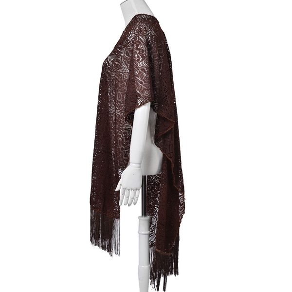 Floral Pattern Lace Design Chocolate Colour Shawl with Fringes (Size 100x80 Cm)
