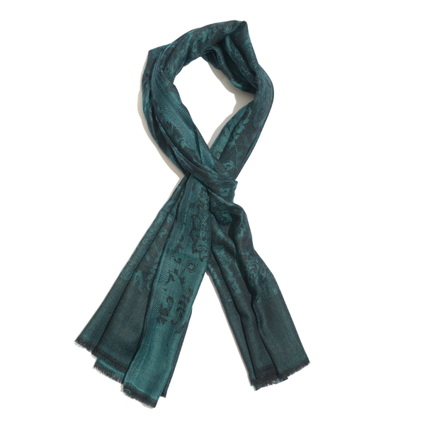 88% Merino Wool and 12% Silk Paisley and Leaf Pattern Green and Black Colour Scarf (Size 200x70 Cm)