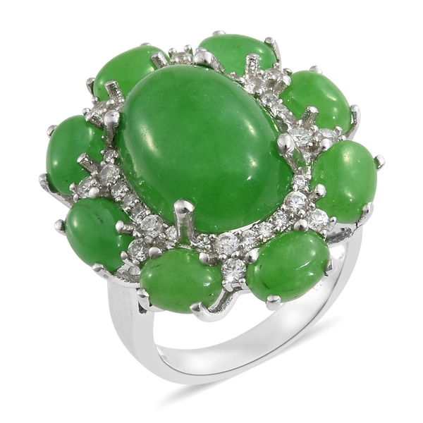 23 Carat Green Jade and Zircon Cluster Ring in Platinum Plated Silver 8.50 Grams