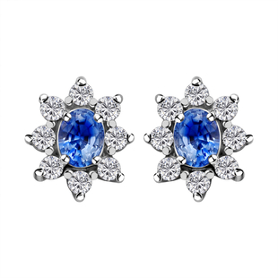 Ceylon Blue Sapphire and Natural Cambodian Zircon Stud Earrings (with Push Back) in Rhodium Overlay 