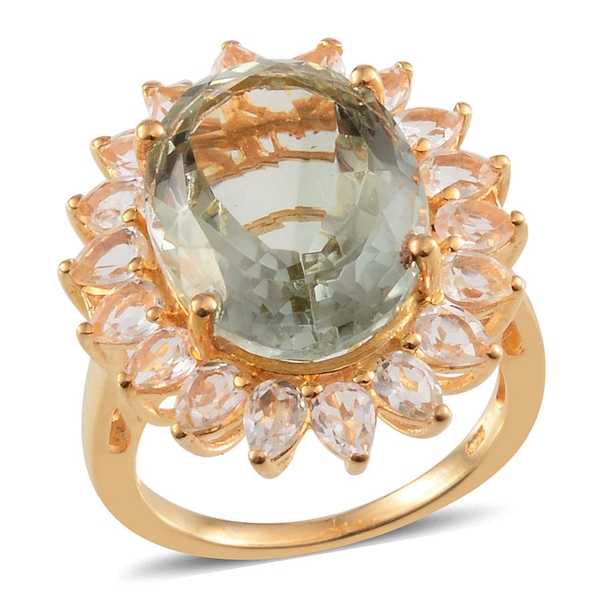 Green Amethyst (Ovl 8.50 Ct), White Topaz Ring in 14K Gold Overlay Sterling Silver 11.750 Ct.