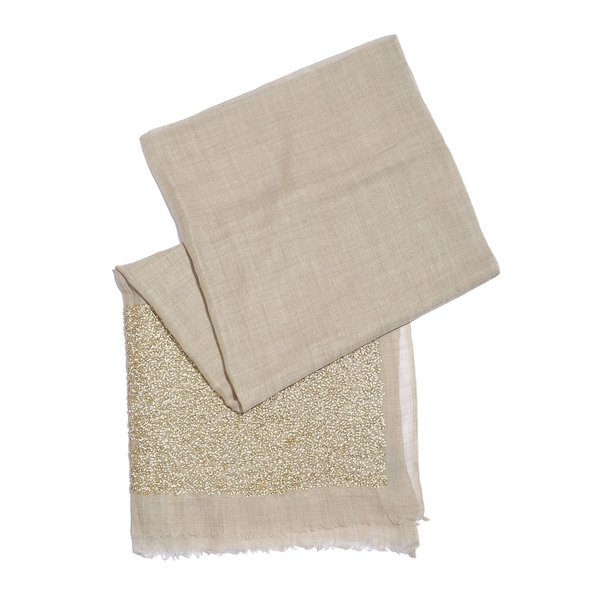Close Out Deal Designer Inspired - Merino Wool and Mulberry Silk Shawl With Hand Done Sequin embellishment and Fringes - Beige (Size 200X70 Cm)
