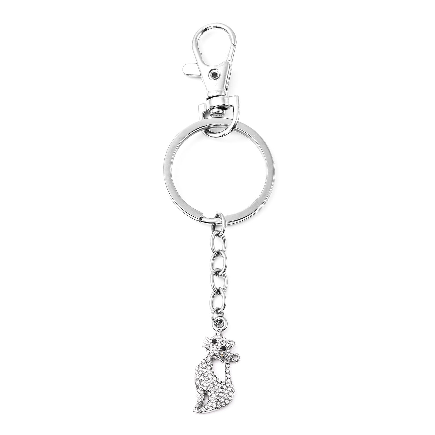 White Crystal Cat Keychain in Stainless Steel 6012885 TJC