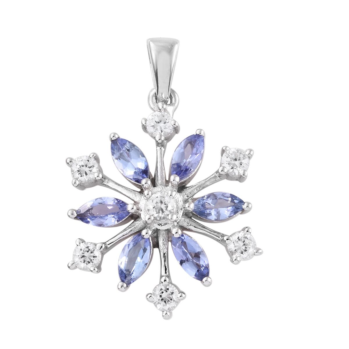 AA Tanzanite (Mrq), Natural Cambodian Zircon Snowflake Pendant in Platinum Overlay Sterling Silver 1