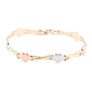 Close Out Deal - 9K Yellow, White and Rose Gold Heart and Kiss Link Bracelet (Size - 7.5) with Lobst