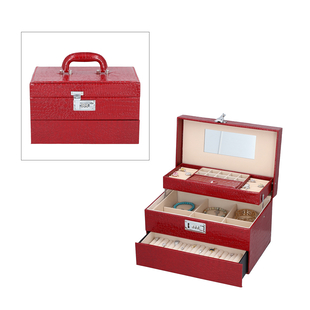 3 Layer Crocodile Skin Pattern Jewellery Box Organiser with Coded Lock and Handle Burgundy