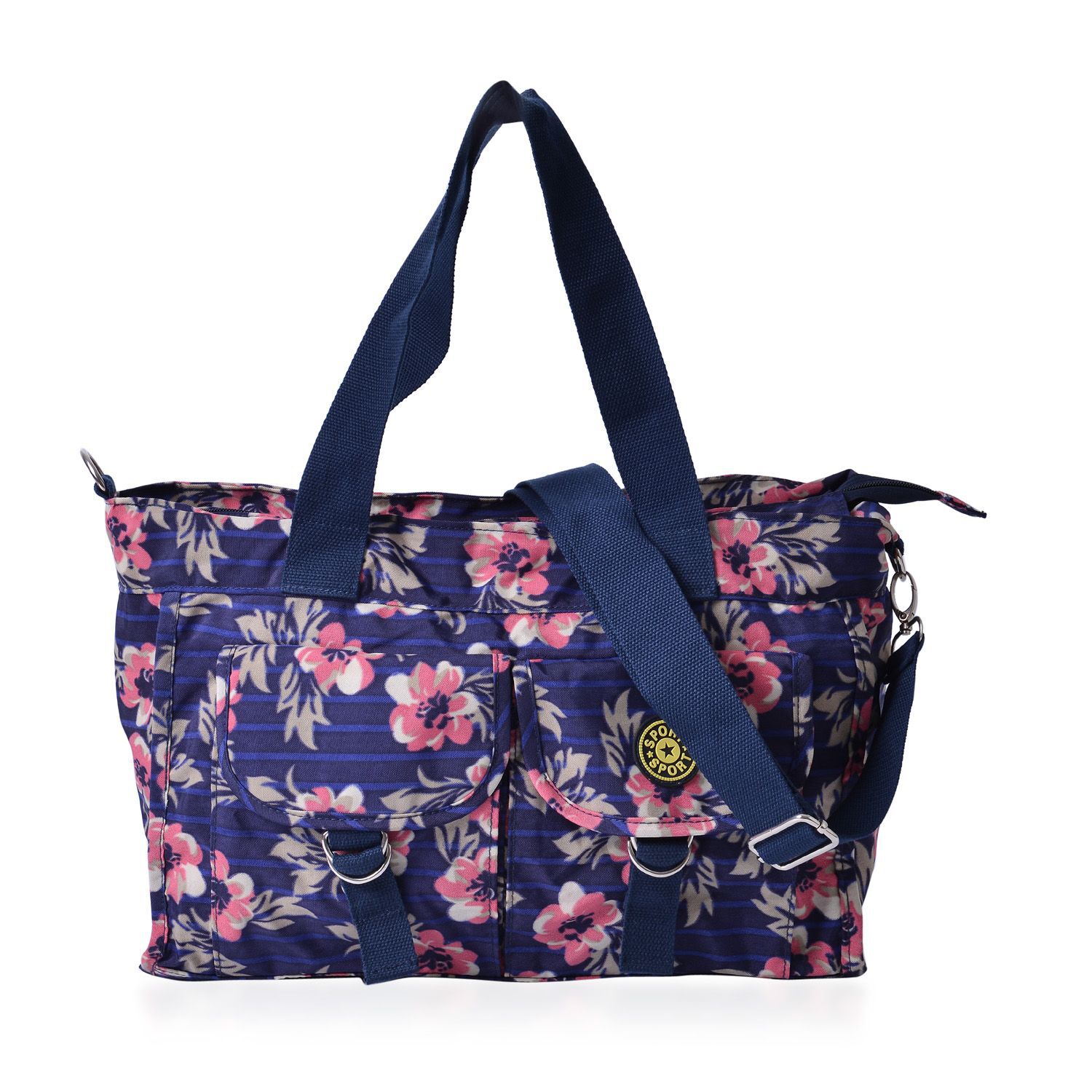 Pink and Multi Colour Floral Pattern Navy Blue Colour Tote Bag With External Zipper Pocket and Adjus