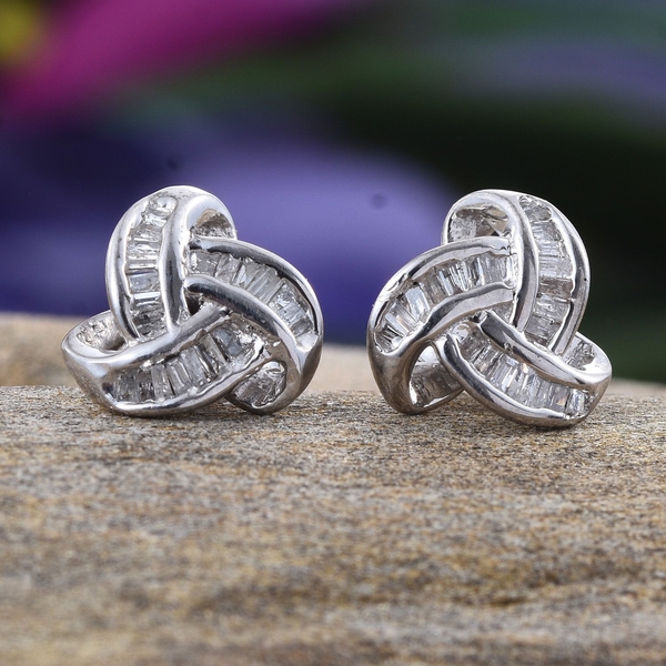 Diamond (Bgt) Knot Stud Earrings (with Push Back) in Platinum Overlay Sterling Silver 0.250 Ct.