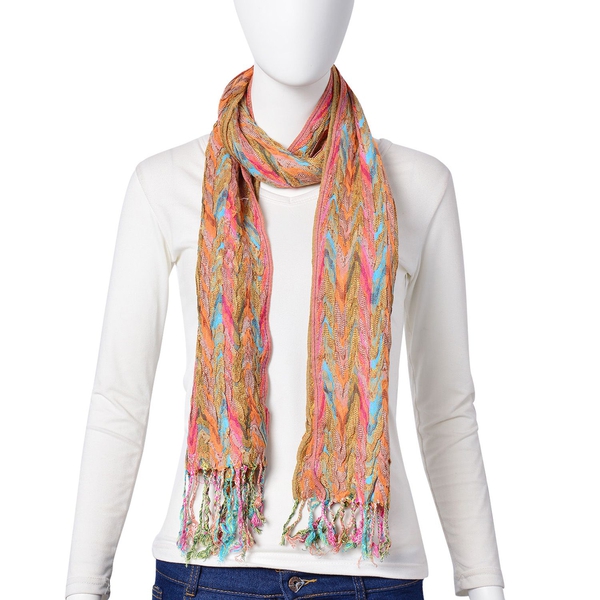 Italian Designer Inspired-Orange, Pink and Multi Colour Zigzag Pattern Scarf with Tassels (Size 170X30 Cm)
