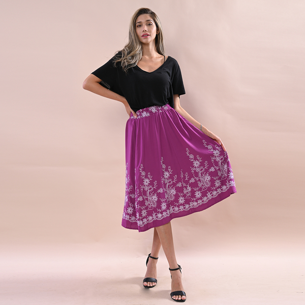 JOVIE Miss Collection 100%Viscose Embroidered Elastic Band Skirt Adorned with Floral Embroidery Purple & Light Purple