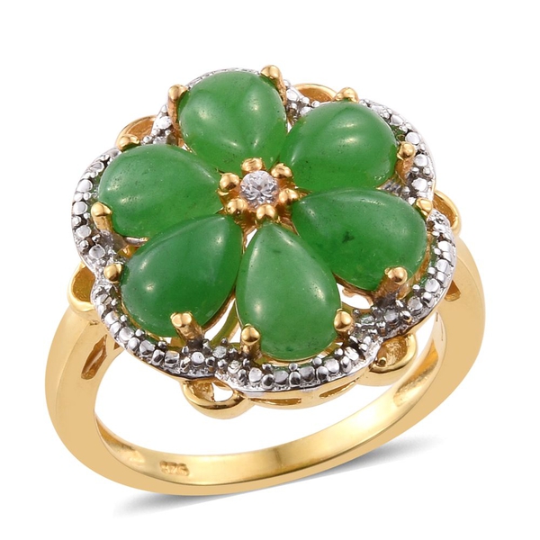 Green Jade (Pear), Natural Cambodian Zircon Floral Ring in 14K Gold Overlay Sterling Silver 5.750 Ct