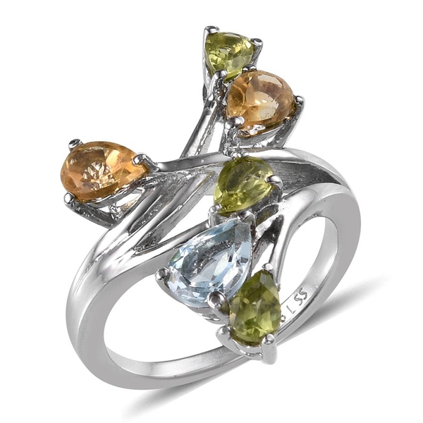Sky Blue Topaz (Pear 0.75 Ct), Hebei Peridot and Citrine Ring in ION Plated Stainless Steel 2.250 Ct