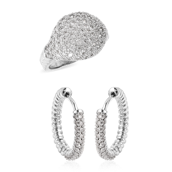 2 Piece Set -  Simulated Diamond Dome Ring and Hoop Earrings (with Clasp) in Silver Tone