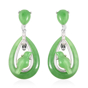 23.45 Ct Green Jade and Simulated Diamond Magpie Bird Drop Earrings in Rhodium Plated Silver