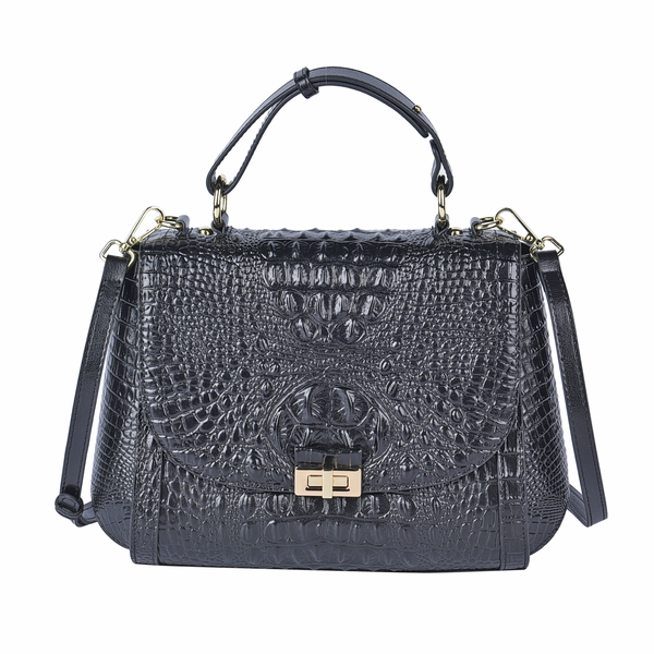 Genuine Leather Croc Embossed Convertible Bag with Detachable Long Strap - Black