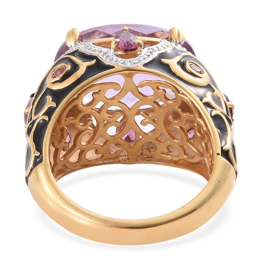GP Rose De France Amethyst (Ovl 10.50 Ct), Rhodolite Garnet and Kanchanaburi Blue Sapphire Filigree Enameled Ring in 14K Gold Overlay Sterling Silver 11.750 Ct.