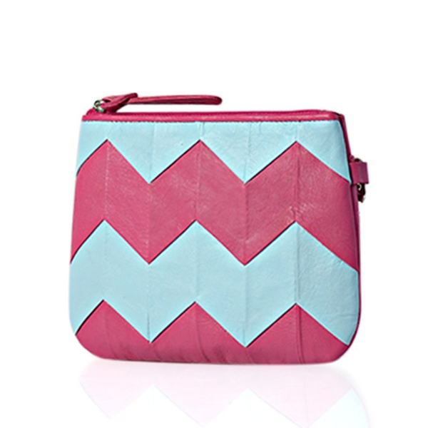 Genuine Leather Zig Zag Pattern Sky Blue and Pink Colour Pouch (Size 18.5x13.5 Cm)