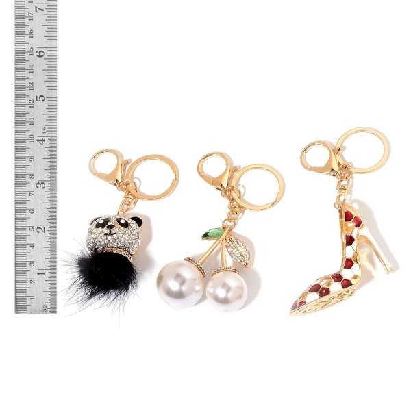Set of 3 - White Austrian Crystal, Simulated Emerald and Simulated Pearl Bear and Sandal Enameled Key Chain in Gold Tone