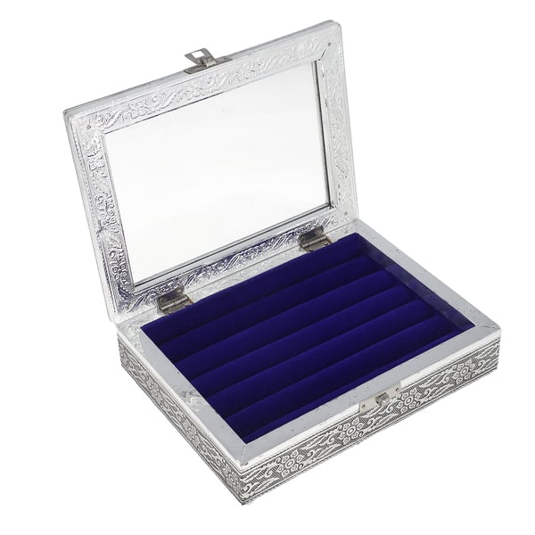 Set of 2 - Handcrafted Aluminium Embossed Transparent Window and Butterfly Pattern Ring Box with Velvet Lining (Size 20x5x15Cm)