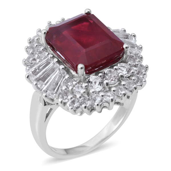 12.50 Ct African Ruby and White Topaz Halo Ring in Rhodium Plated Silver 6.75 Grams