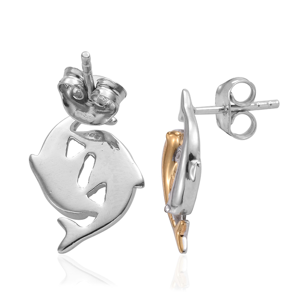 Platinum and Yellow Gold Overlay Sterling Silver Dolphin Earrings (with Push Back)