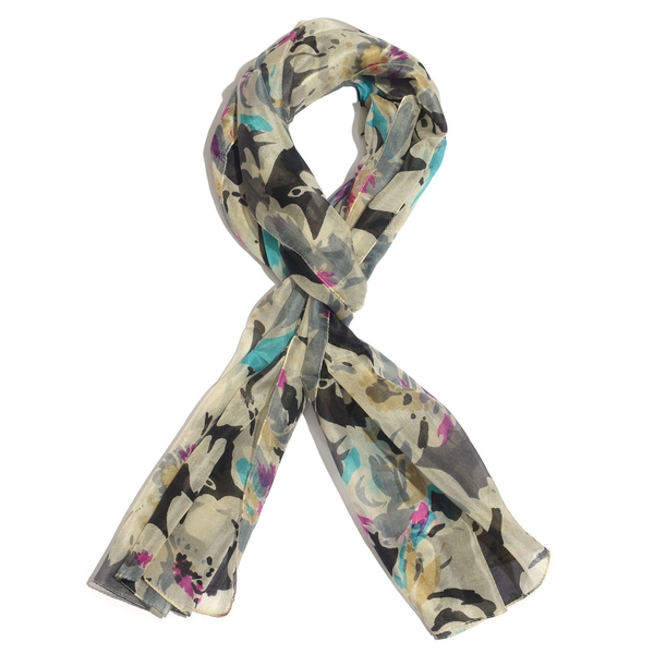 SILK MARK- Made In Kashmir 100% Mulberry Silk Black, Grey and Multi Colour Abstract Pattern Cream Colour Scarf (Size 170x50 Cm)