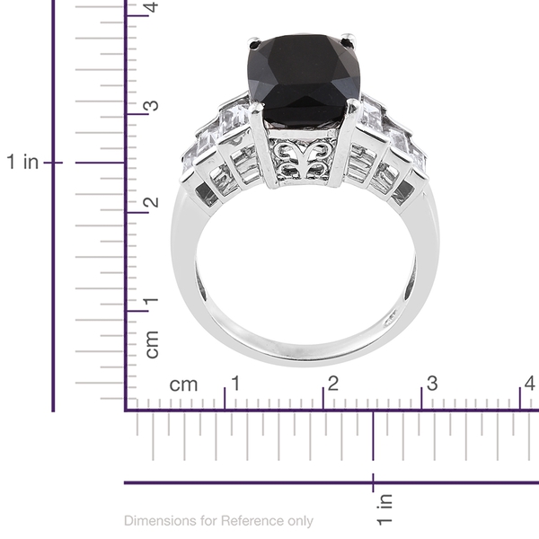 Black Tourmaline (Cush 7.95 Ct), White Topaz Ring in Platinum Overlay Sterling Silver 9.750 Ct.