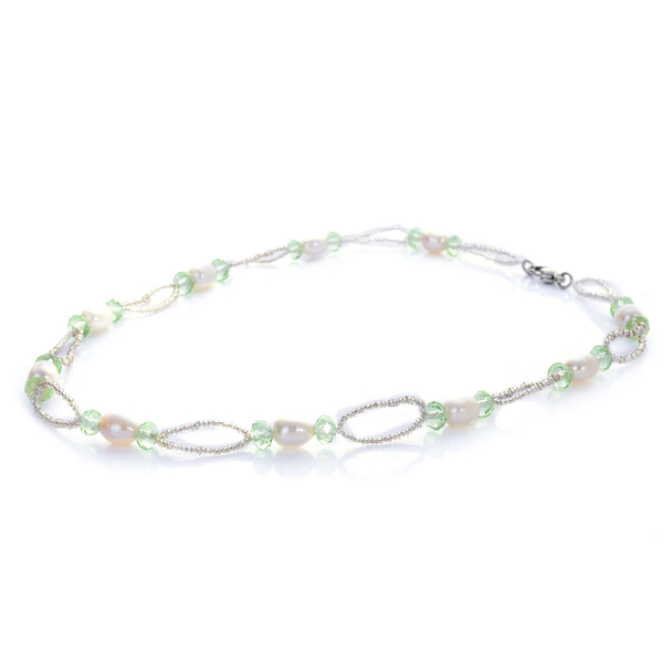 Fresh Water White Pearl, Green and White Glass Necklace (Size 18) and Bracelet (Size 7.5) in Stainless Steel