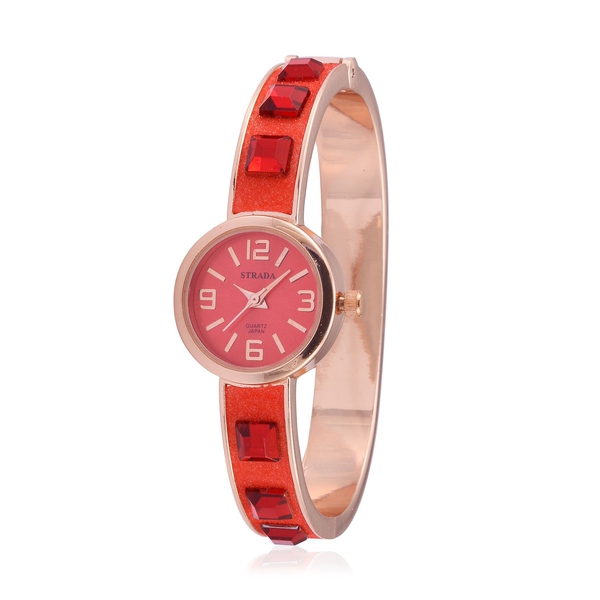 STRADA Japanese Movement Red Dial Simulated Red Stone Water Resistant Bangle Watch with Simulated Green Stone, Red and White Austrian Crystal Bracelet (Size 8) in Rose Gold Tone
