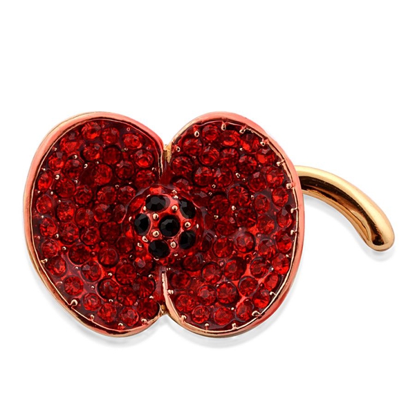 (Option 1) Red and Black Austrian Crystal Enameled Flower Brooch in Rose Gold Tone